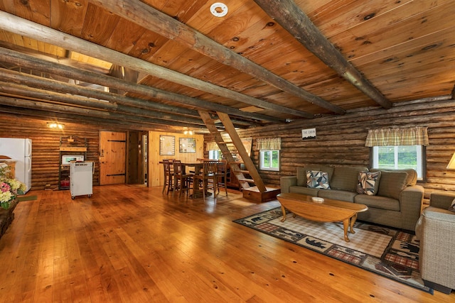230 Pine Hill Rd, Ossipee, NH 03864 - living area with hardwood / wood-style floors, rustic walls, and wood ceiling with exposed beams