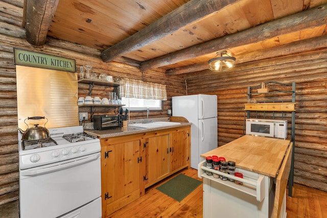 230 Pine Hill Rd, Ossipee, NH 03864 - kitchen with white appliances, a sink, rustic walls, light wood-style flooring, and wood ceiling with exposed beams