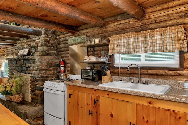 230 Pine Hill Rd, Ossipee, NH 03864 - kitchen with white gas range oven, a sink, wooden ceiling with exposed beams, log walls, and open shelves