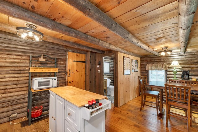 230 Pine Hill Rd, Ossipee, NH 03864 - kitchen featuring wooden counters, white microwave, light wood finished floors, white cabinets, and wood ceiling with exposed beams