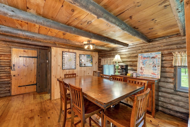 230 Pine Hill Rd, Ossipee, NH 03864 - dining space featuring log walls, light wood-style flooring, and wooden ceiling with exposed beams