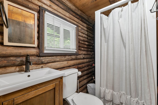 230 Pine Hill Rd, Ossipee, NH 03864 - bathroom featuring rustic walls, vanity, toilet, a shower with curtain, and wood ceiling