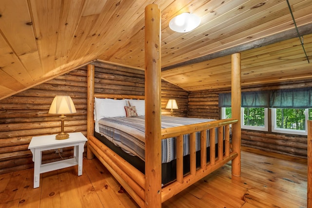 230 Pine Hill Rd, Ossipee, NH 03864 - bedroom featuring log walls, wood ceiling, vaulted ceiling, and hardwood / wood-style flooring