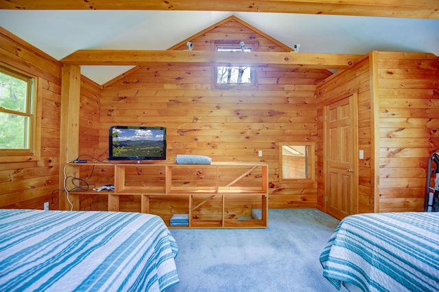 71 Eddie Knoll Ln, Bartlett, NH 03812 - bedroom with lofted ceiling, wood walls, and carpet floors