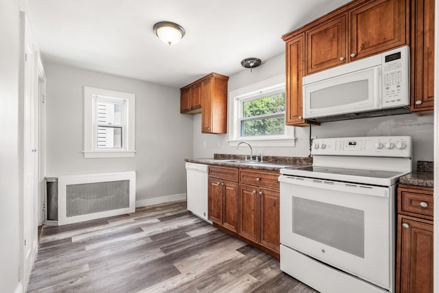 33 Hayes Ave, Manchester, NH 03103 - kitchen with white appliances, radiator, a sink, dark countertops, and light wood-style floors