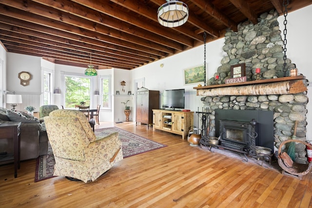 183 Mountain View Rd, Whitefield, NH 03598 - living area featuring wood finished floors and wooden ceiling with exposed beams
