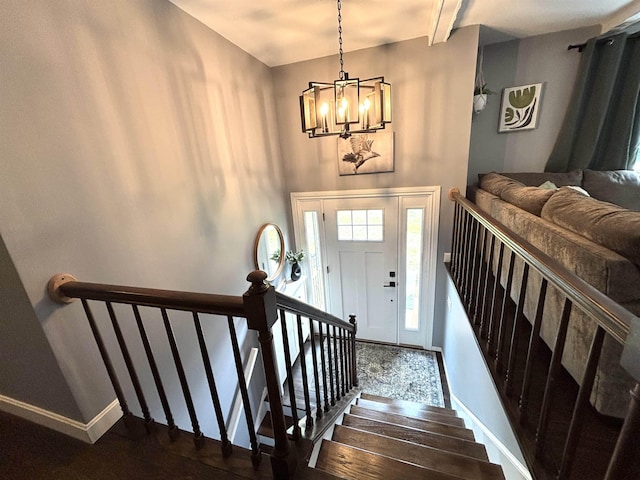 4 Mount Vernon Dr, Pelham, NH 03076 - entrance foyer featuring baseboards, a chandelier, stairway, and dark wood-style floors