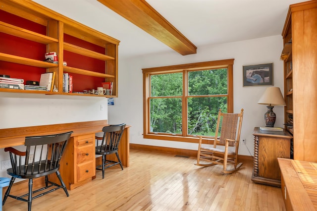 190 Ledge Hill Rd, Tuftonboro, NH 03816 - home office with built in desk, light wood-style floors, beamed ceiling, and baseboards
