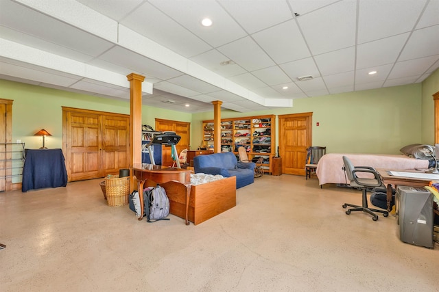 190 Ledge Hill Rd, Tuftonboro, NH 03816 - home office featuring decorative columns, speckle patterned floor, a paneled ceiling, and recessed lighting