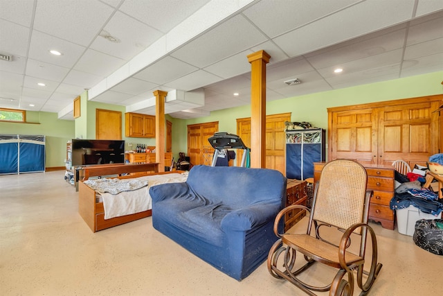 190 Ledge Hill Rd, Tuftonboro, NH 03816 - living room featuring ornate columns, a paneled ceiling, and recessed lighting