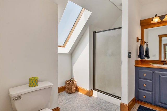 190 Ledge Hill Rd, Tuftonboro, NH 03816 - full bathroom with a skylight, vaulted ceiling, toilet, a shower stall, and vanity