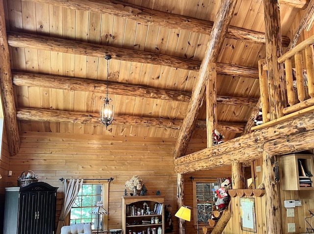 27 Stearns Ave, Wilmington, VT 05363 - detailed view of a wood ceiling with exposed beams and wood walls
