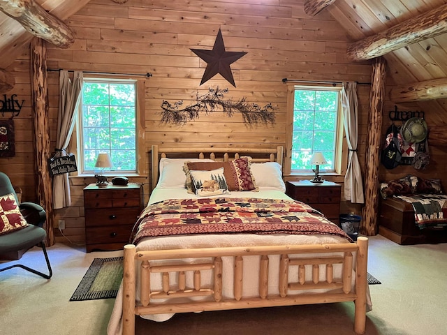 27 Stearns Ave, Wilmington, VT 05363 - carpeted bedroom with wood ceiling, multiple windows, and wood walls