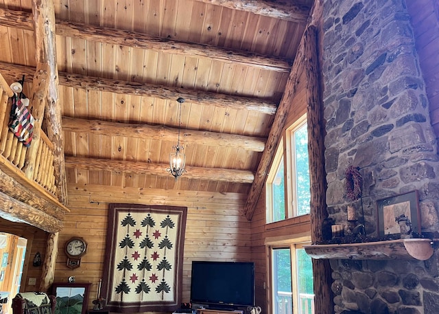27 Stearns Ave, Wilmington, VT 05363 - living area with a wooden ceiling with exposed beams, wood walls, and high vaulted ceiling