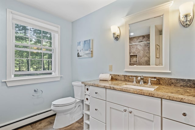 6 Bona Vista Dr, Bow, NH 03304 - bathroom with baseboard heating, vanity, toilet, and tiled shower