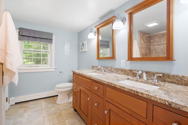 6 Bona Vista Dr, Bow, NH 03304 - full bath featuring a baseboard radiator, double vanity, toilet, curtained shower, and baseboards