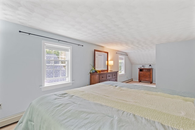 6 Bona Vista Dr, Bow, NH 03304 - bedroom featuring a baseboard radiator, vaulted ceiling, a textured ceiling, and light colored carpet