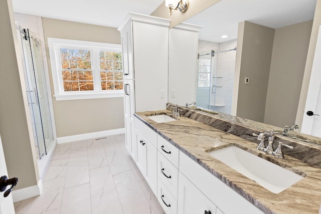 70 Hatch Corner Rd, Meredith, NH 03253 - full bathroom featuring baseboards, marble look tiles, a stall shower, and recessed lighting