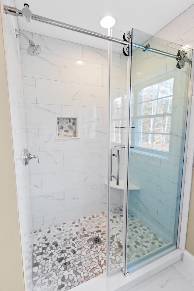 70 Hatch Corner Rd, Meredith, NH 03253 - full bath featuring a stall shower and marble look tile flooring