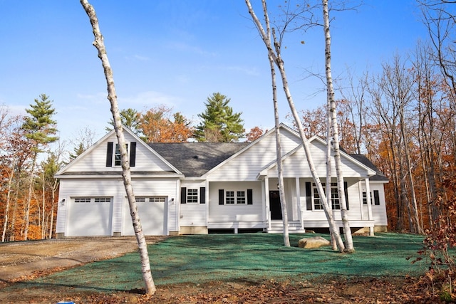 70 Hatch Corner Rd, Meredith, NH 03253 - view of front of house featuring covered porch, a front yard, driveway, roof with shingles, and an attached garage