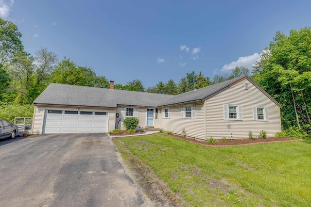 10 Mountain View Ter, Plymouth, NH 03264 - ranch-style home featuring driveway, a garage, a chimney, a front lawn, and a shingled roof