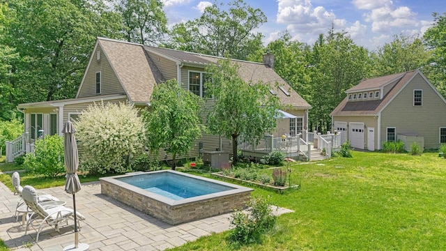 109 Temple Rd, Wilton, NH 03086 - back of property featuring an outdoor hot tub, a wooden deck, a yard, a chimney, and an outbuilding