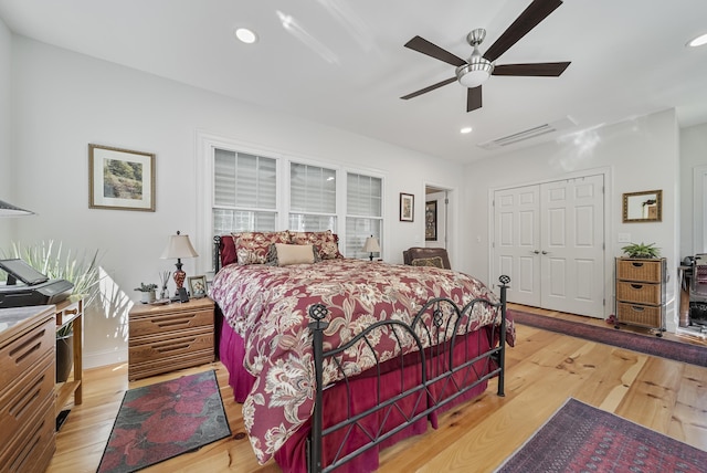 109 Temple Rd, Wilton, NH 03086 - bedroom with light wood-style flooring, recessed lighting, a closet, and a ceiling fan