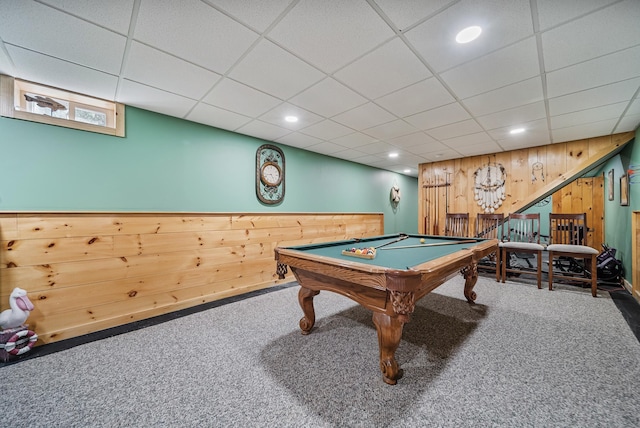 109 Temple Rd, Wilton, NH 03086 - game room with carpet floors, a drop ceiling, wooden walls, billiards, and recessed lighting