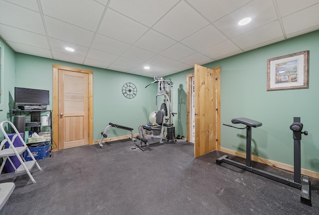 109 Temple Rd, Wilton, NH 03086 - workout room with a paneled ceiling, baseboards, and recessed lighting