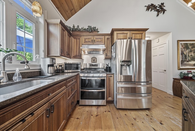 109 Temple Rd, Wilton, NH 03086 - kitchen with appliances with stainless steel finishes, a sink, high vaulted ceiling, dark stone countertops, and light wood-type flooring
