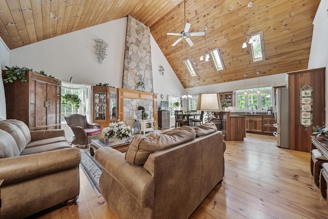 109 Temple Rd, Wilton, NH 03086 - living room featuring high vaulted ceiling, a skylight, light wood finished floors, ceiling fan, and wood ceiling