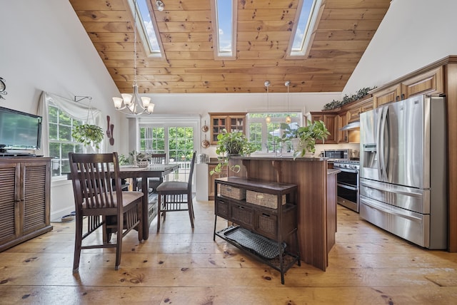 109 Temple Rd, Wilton, NH 03086 - kitchen featuring appliances with stainless steel finishes, high vaulted ceiling, a skylight, light wood-type flooring, and wooden ceiling