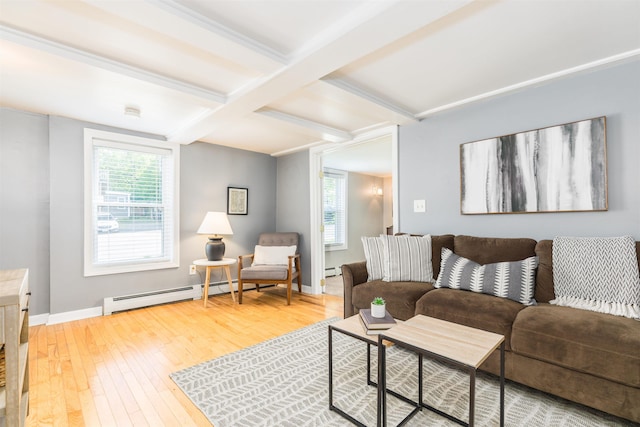 191 Washington St Unit 1, Dover, NH 03820 - living area featuring a baseboard radiator, light wood finished floors, healthy amount of natural light, beamed ceiling, and coffered ceiling