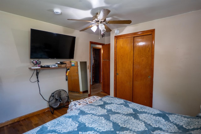 509 Cedar St, Manchester, NH 03103 - bedroom with baseboards, wood finished floors, a closet, and ceiling fan