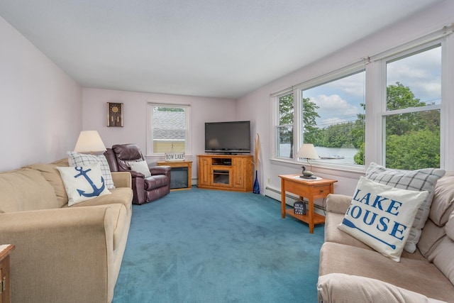 42 Bennett Bridge Rd, Northwood, NH 03261 - carpeted living room featuring baseboard heating and a baseboard heating unit