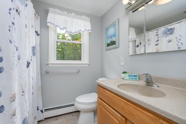 42 Bennett Bridge Rd, Northwood, NH 03261 - full bath with a baseboard heating unit, vanity, toilet, tile patterned floors, and a shower with shower curtain