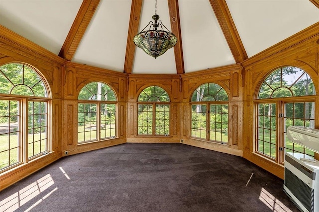 98 Sugar Maple Dr, Swanton, VT 05488 - unfurnished sunroom with high vaulted ceiling, carpet flooring, plenty of natural light, beamed ceiling, and french doors