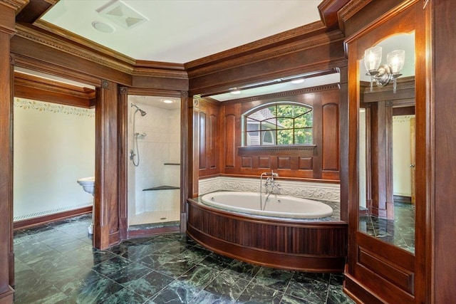 98 Sugar Maple Dr, Swanton, VT 05488 - full bathroom with ornamental molding, a stall shower, a garden tub, wooden walls, and marble look tile flooring