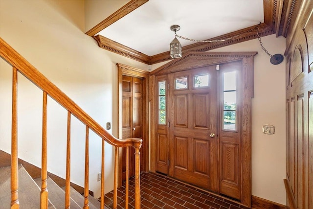 98 Sugar Maple Dr, Swanton, VT 05488 - foyer with brick patterned floors and stairs
