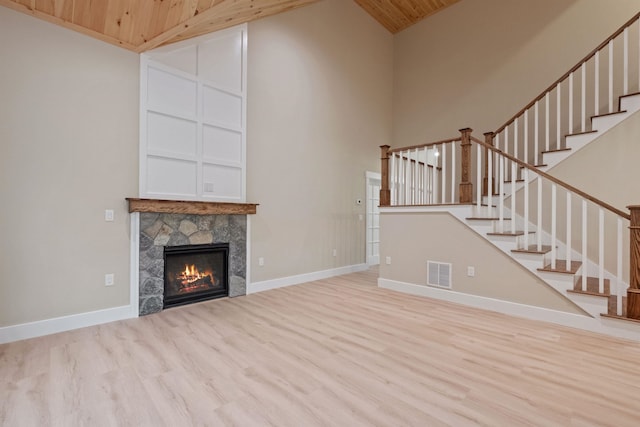 288 Sterling Dr, Laconia, NH 03249 - unfurnished living room with wooden ceiling, high vaulted ceiling, wood finished floors, stairs, and a stone fireplace