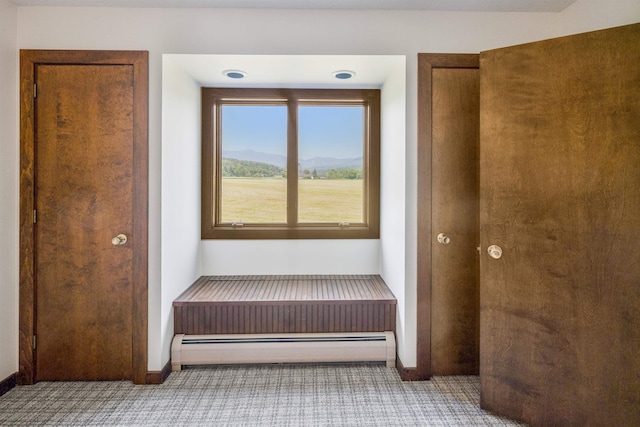 210 Field Rd Unit 44, Stowe, VT 05672 - hallway with a baseboard radiator, carpet flooring, baseboards, and a mountain view