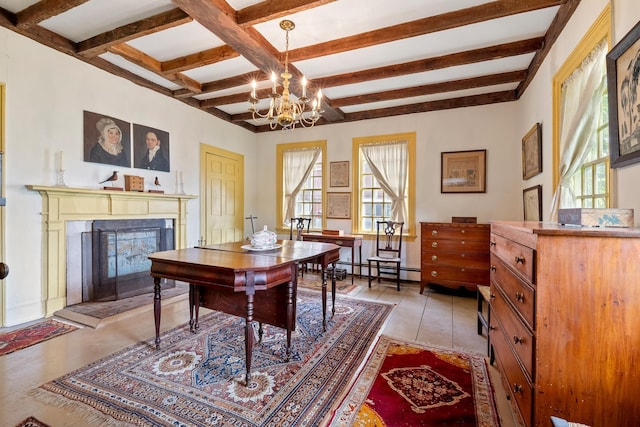 4 Quechee Rd, Hartland, VT 05048 - office area featuring beam ceiling, a fireplace, a chandelier, a baseboard radiator, and coffered ceiling