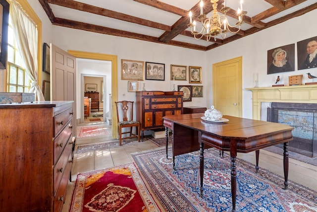 4 Quechee Rd, Hartland, VT 05048 - dining area featuring a high end fireplace, a chandelier, beamed ceiling, coffered ceiling, and light tile patterned floors