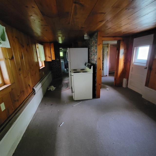 167 Branch Londonderry Tpke, Hopkinton, NH 03229 - kitchen featuring white electric range oven, wood ceiling, wooden walls, baseboard heating, and a baseboard heating unit