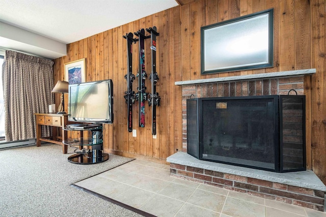 133 E Mountain Rd Unit 3D13, Killington, VT 05751 - living area featuring a brick fireplace and wooden walls