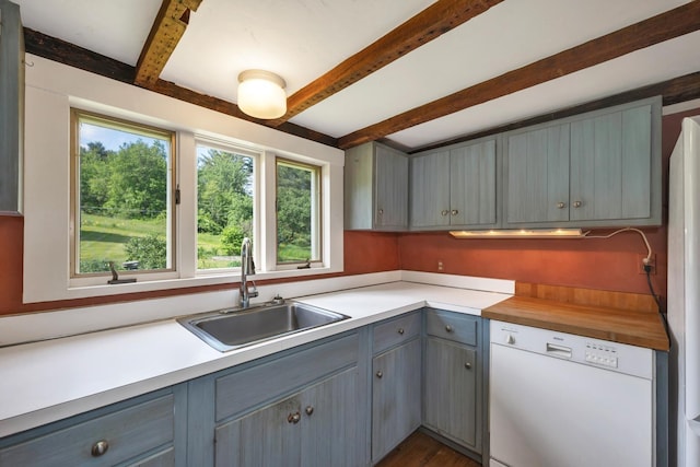1519 New Boston Rd, Francestown, NH 03043 - kitchen featuring white appliances, gray cabinets, a sink, plenty of natural light, and beamed ceiling