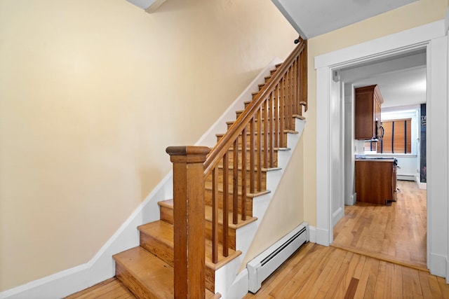 647 Canal St, Manchester, NH 03101 - staircase featuring baseboard heating, hardwood / wood-style floors, and baseboards