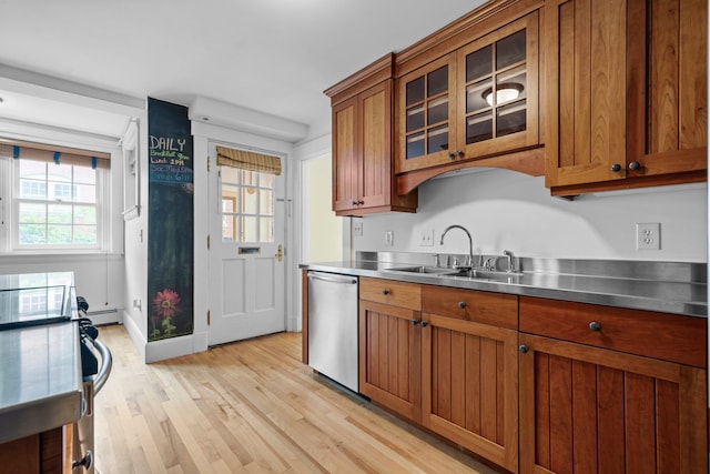 647 Canal St, Manchester, NH 03101 - kitchen featuring stainless steel counters, dishwasher, a sink, brown cabinetry, and a baseboard heating unit
