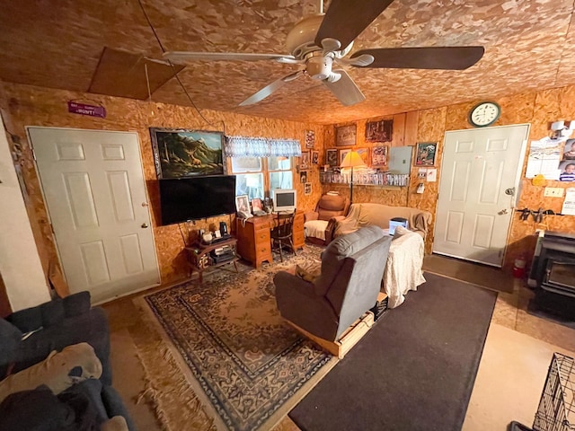 4823 Swamp Rd, Newbury, VT 05051 - living area featuring ceiling fan and a wood stove