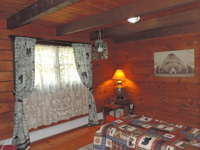 74 Pine Ridge Rd, Hillsborough, NH 03244 - bedroom with wood finished floors, wooden walls, and wooden ceiling with exposed beams